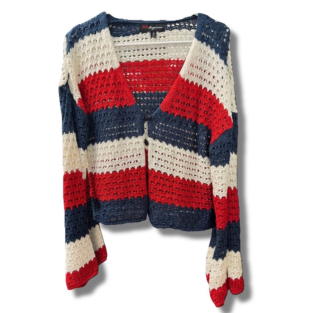 33 Degrees Cardigan Womens Size L Red White Blue Striped Cropped V-Neck